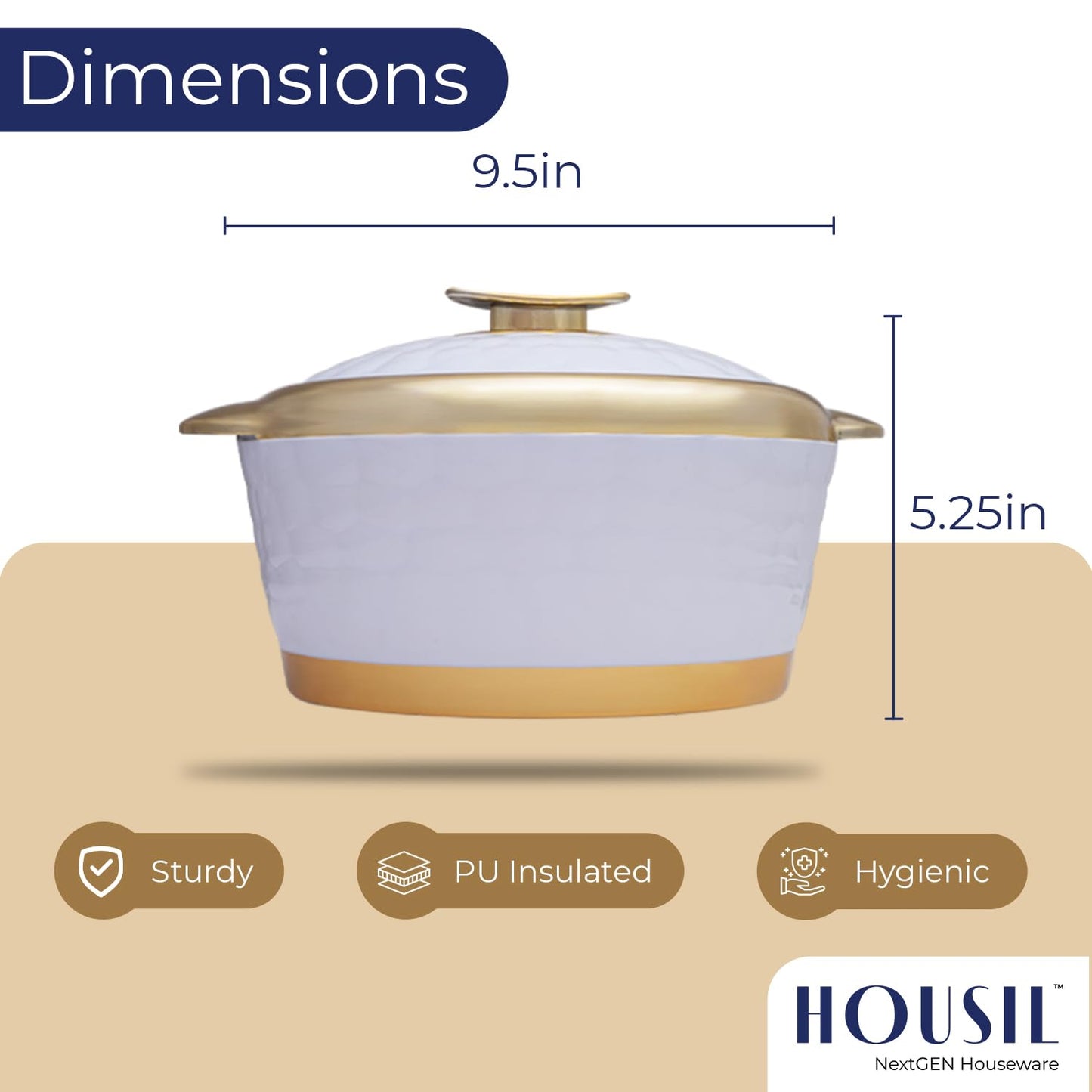HOUSIL Inner Stainless Steel Casserole, Emerald Double Wall Insulated Hot Pot for Roti, Serving Bowl, Serving Set for Meal, Hotpot Roti Box for Kitchen (White - Yellow, 3000 Ml)