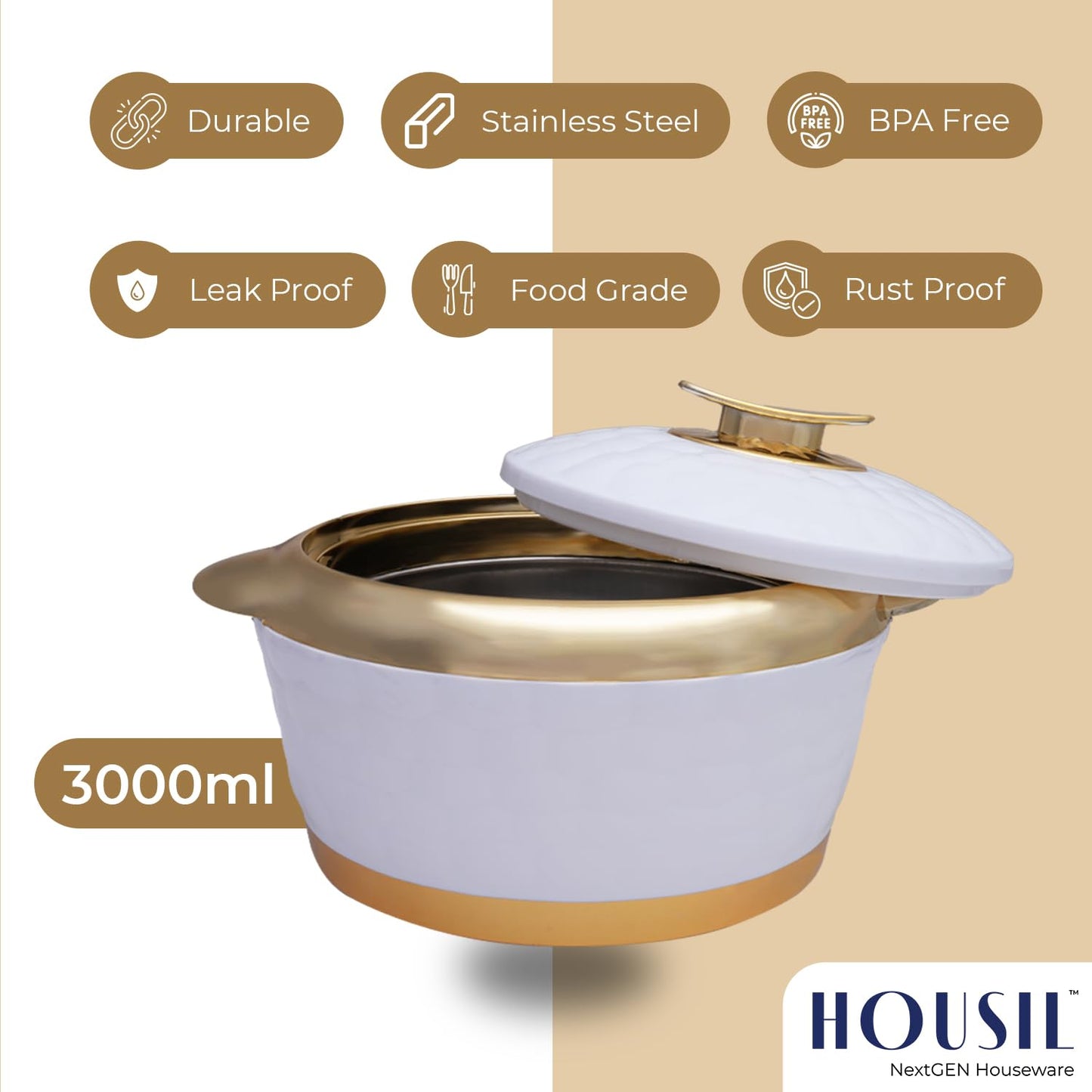 HOUSIL Inner Stainless Steel Casserole, Emerald Double Wall Insulated Hot Pot for Roti, Serving Bowl, Serving Set for Meal, Hotpot Roti Box for Kitchen (White - Yellow, 3000 Ml)