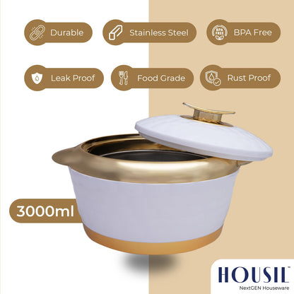 HOUSIL Inner Stainless Steel Casserole, Emerald Double Wall Insulated Hot Pot for Roti, Serving Bowl, Serving Set for Meal, Hotpot Roti Box for Kitchen (White - Yellow, 3000 Ml)