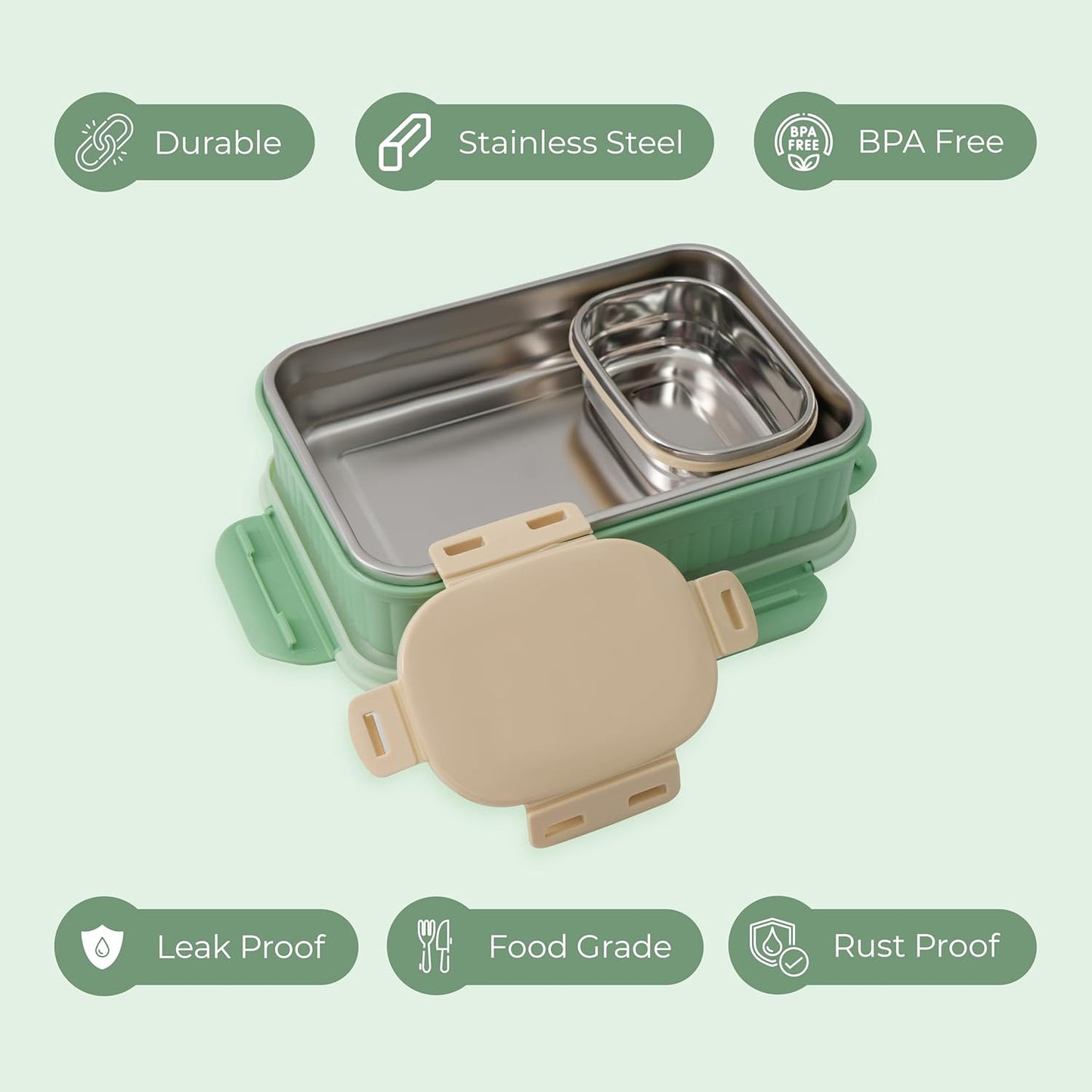 HOUSIL My Meal Stainless Steel Lunch Box, Tiffin Box for Kids, 2 Compartment Lunch Box, Airtight Leak-Proof Lunch Box for Office, Easy to Carry, Insulated Tiffin, Hot Food(Pista)