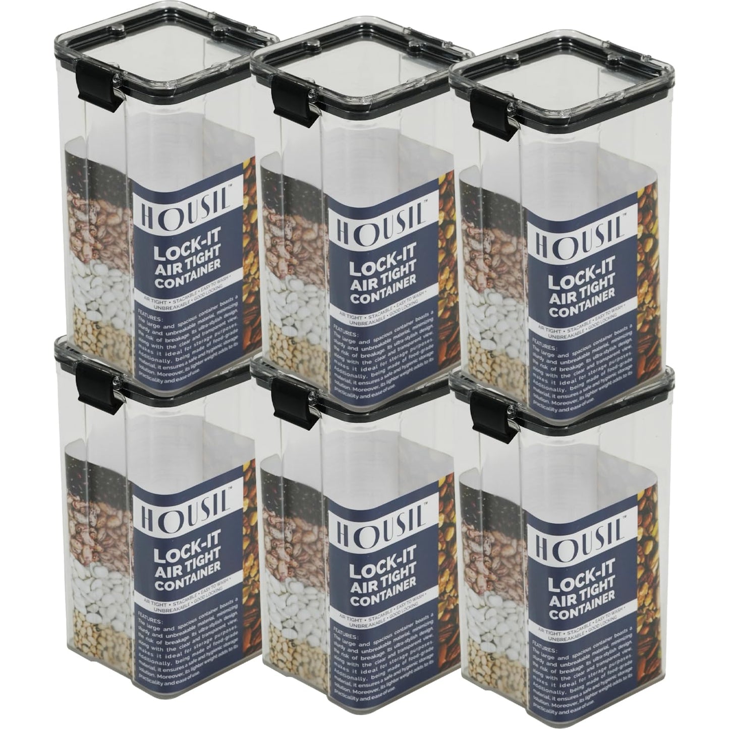 Housil Lock-It Airtight Container for Kitchen Storage Set of 6, Air Tight Containers for Home and Fridge, Plastic Boxes and Kitchen Accessories Items for Storage organizers, Plastic Storage Jars1700ml