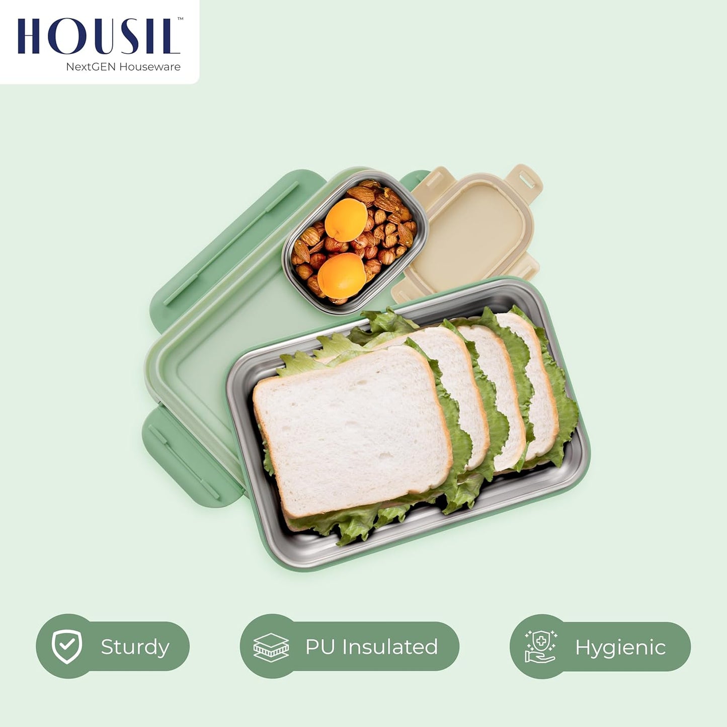 HOUSIL My Meal Stainless Steel Lunch Box, Tiffin Box for Kids, 2 Compartment Lunch Box, Airtight Leak-Proof Lunch Box for Office, Easy to Carry, Insulated Tiffin, Hot Food(Pista)